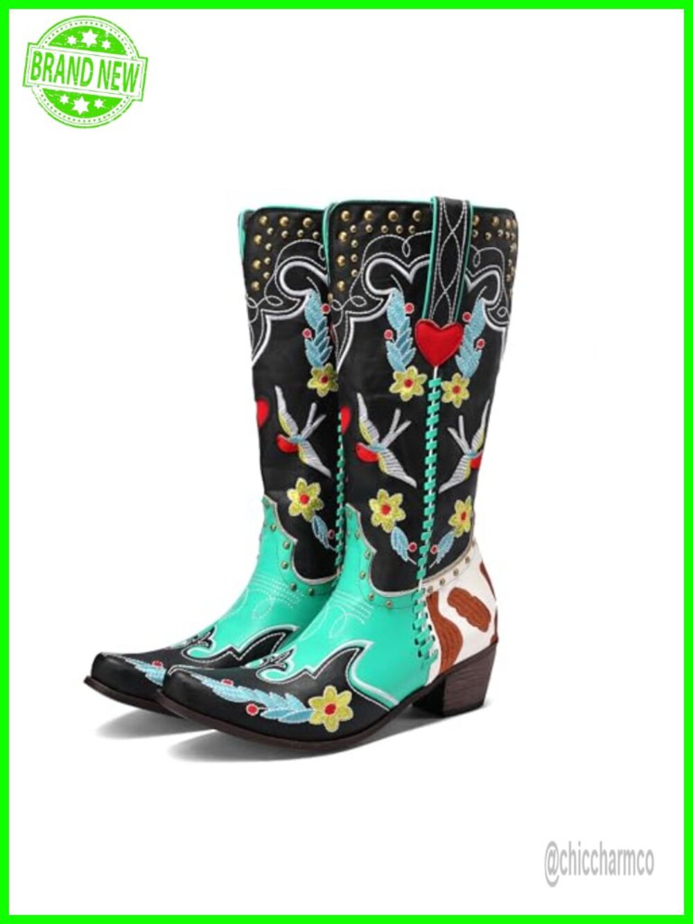 Western Cowgirl Boots Floral Embroidered Knee High Wide Calf Pull On